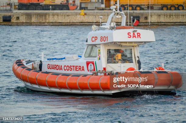 Patrol boat of the Italian Coast Guard seen in the port of Reggio Calabria. The Italian Coastguard rescue vessel "Dattilo" arrived at the Reggio...