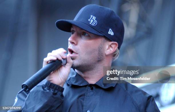 Fred Durst of Limp Bizkit performs during the" Summer Sanitarium" tour at 3Com Park on August 10, 2003 in San Francisco, California.