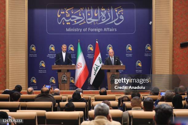 Minister of Foreign Affairs of Iran, Hossein Amir-Abdollahian and his Iraqi counterpart Fuad Hussein hold a joint press conference following their...