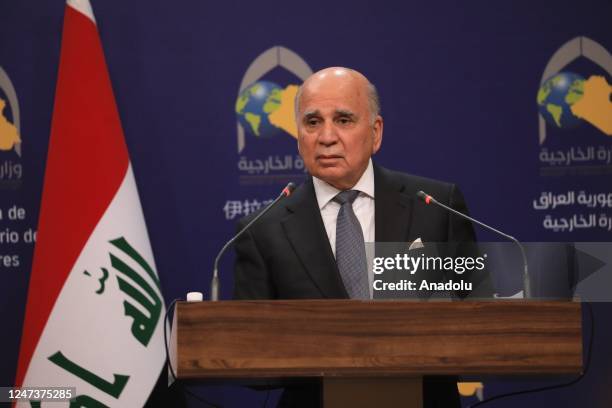 Minister of Foreign Affairs of Iran, Hossein Amir-Abdollahian and his Iraqi counterpart Fuad Hussein hold a joint press conference following their...