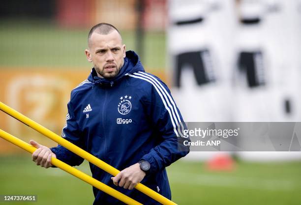 Ajax coach John Heitinga during a training session prior to the UEFA Europa League play-off match between FC Union Berlin and Ajax Amsterdam at...
