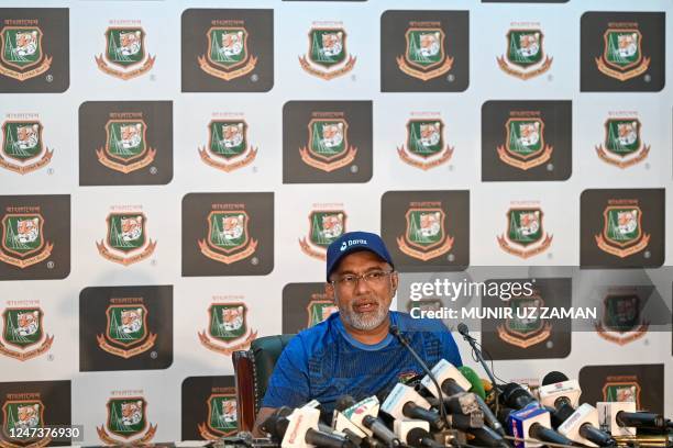 Newly appointed Bangladesh cricket head coach Chandika Hathurusingha addresses the media at The Sher-e-Bangla National Cricket Stadium in Dhaka on...