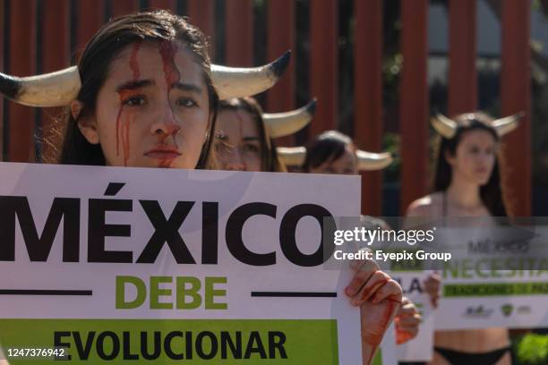 February 21, 2023. Mexico City, Mexico: Activists of the ''Animal Heroes'' collective, take part during a demonstration against bull torture in...