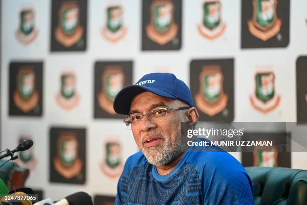 Newly appointed Bangladesh cricket head coach Chandika Hathurusingha addresses the media at The Sher-e-Bangla National Cricket Stadium in Dhaka on...
