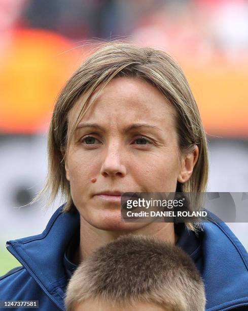 France's defender Sonia Bompastor poses for a group photo prior to the quarter-final match of the FIFA women's football World Cup England vs France...