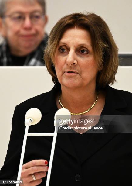 February 2023, Brandenburg, Potsdam: Britta Ernst , Minister of Education, Youth and Sports of Brandenburg, speaks during the debate in the state...