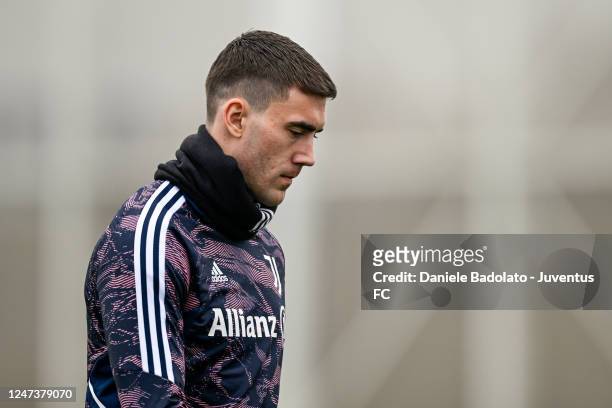 Dusan Vlahovic of Juventus during a training session ahead of their UEFA Europa League knockout round play-off leg two match against FC Nantes at...