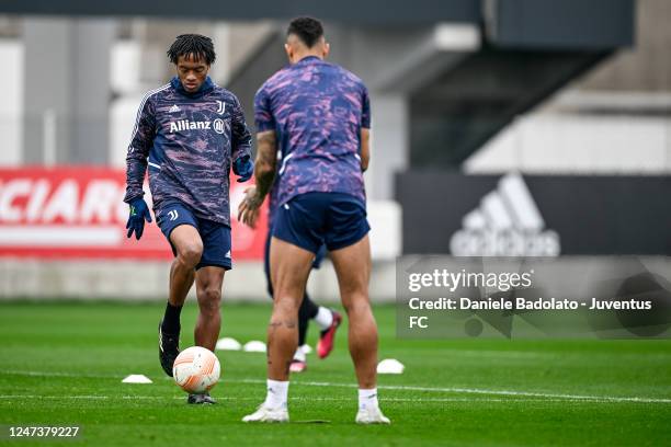 Juan Cuadrado of Juventus during a training session ahead of their UEFA Europa League knockout round play-off leg two match against FC Nantes at...