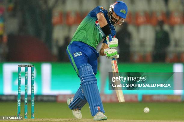 Multan Sultans' Shan Masood plays a shot during the Pakistan Super League T20 cricket match between Karachi Kings and Multan Sultans at the Multan...