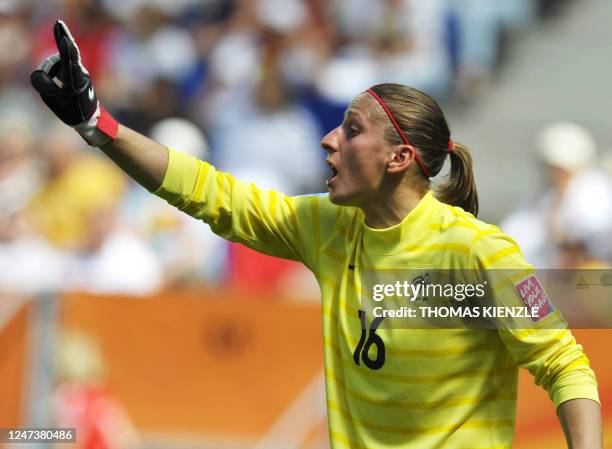 France's goalkeeper Berangere Sapowicz gestures during the football match of the FIFA women's football World Cup Nigeria vs France at the...