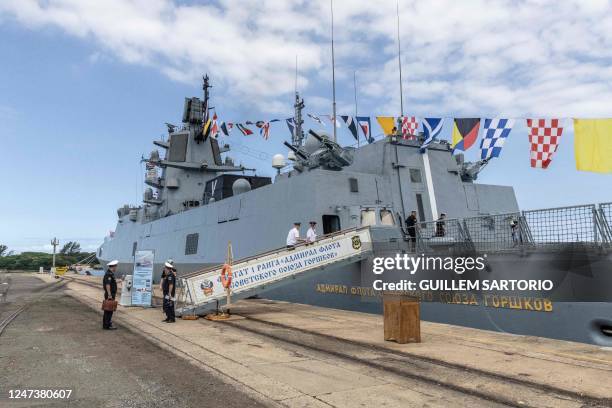 General view of the Russian military frigate "Admiral Gorshkov" docked at the port in Richards Bay on February 22, 2023. - South Africa embarked on...