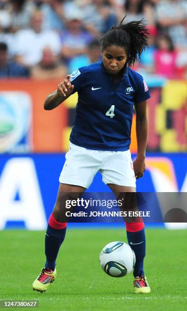 France's Laura Georges plays the ball during the Sweden vs France FIFA women's football World Cup match for third place at the Rhein-Neckar-Arena in...