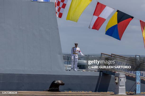 Navy personnel stands on board the Russian military frigate "Admiral Gorshkov" docked at the port in Richards Bay on February 22, 2023. - South...