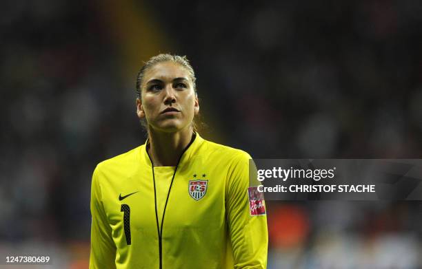 S goalkeeper Hope Solo reacts during the FIFA Women's Football World Cup final match Japan vs USA on July 17, 2011 in Frankfurt am Main, western...