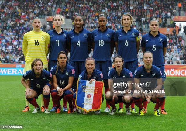 The French team France's goalkeeper Berangere Sapowicz, France's defender Laure Lepailleur, France's defender Laura Georges, France's striker...