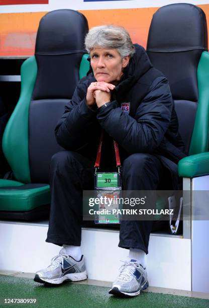 S Swedish head coach Pia Sundhage sits on the bench prior to the FIFA women's football World Cup semi-final match France vs USA in Moenchengladbach,...