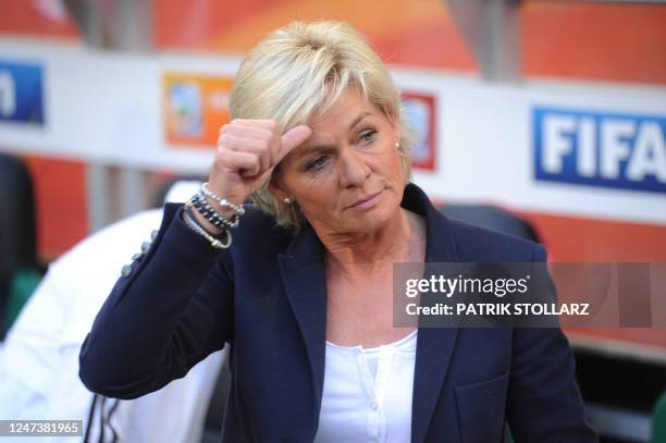 Germany's coach Silvia Neid is pictured prior to the France vs Germany Group A match of the FIFA women's football World Cup on July 5, 2011 in...