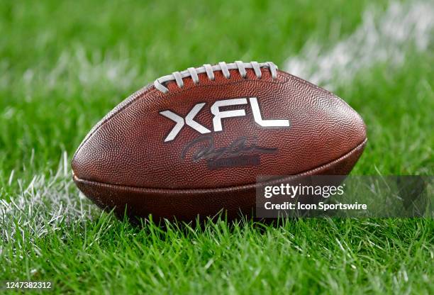 Close up of an XFL leather game football on natural turf grass during the Seattle Sea Dragons versus D.C. Defenders XFL football game on February 19,...