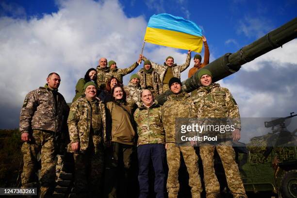 Defence Secretary Ben Wallace with Ukrainian soldiers and interpreters during a visit to Bovington Camp, a British Army military base in Dorset, to...