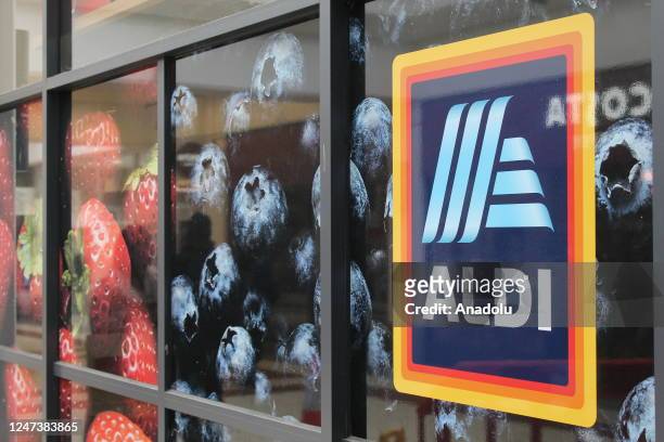 View of the Aldi Market plate is seen in London, United Kingdom on February 22, 2023. Supermarkets across Britain are currently seeing empty shelves...