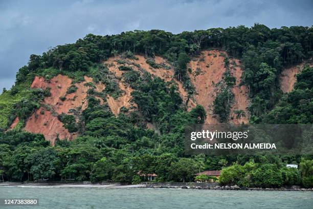 Picture of landslides on hills near the Barra do Sahy district after torrential rain in Sao Sebastiao, Sao Paulo State, Brazil, on February 21, 2023....