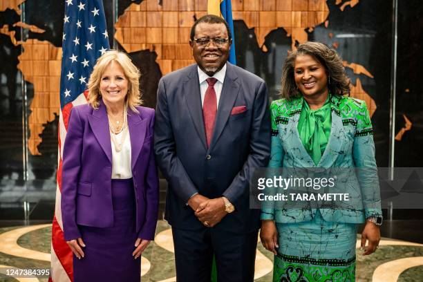 Namibian President Hage Geingob (, Namibia's First Lady Monica Geingos and US First Lady Jill Biden pose for a photo at the State House in Windhoek...