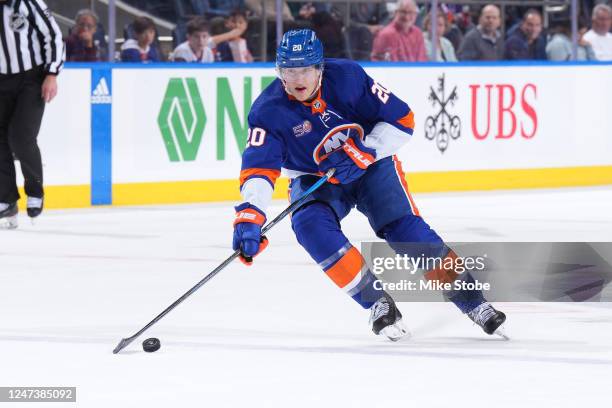 Hudson Fasching of the New York Islanders in action against the Pittsburgh Penguins at UBS Arena on February 17, 2023 in Elmont, New York.