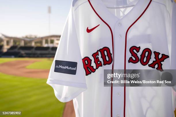 The MassMutual jersey patch is displayed during a Boston Red Sox spring training workout on February 22, 2023 at jetBlue Park at Fenway South in Fort...