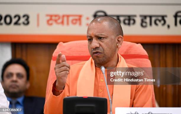 Uttar Pradesh Chief minister Yogi Adityanath addressing a press conference on state budget 2023-24, finance minister Suresh Khanna, deputy Chief...