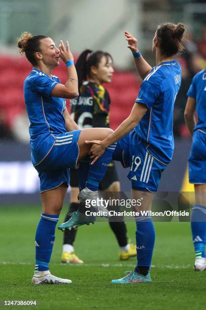 Arianna Caruso of Italy celebrates scoring their first goal with Martina Lenzini during the Arnold Clark Cup match between Korea Republic and Italy...