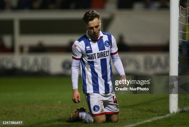 Hartlepool United's Daniel Kemp looks dejected during the Sky Bet League 2 match between Hartlepool United and Newport County at Victoria Park,...