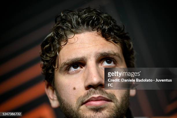Manuel Locatelli of Juventus during a press conference ahead of their UEFA Europa League knockout round play-off leg two match against FC Nantes at...