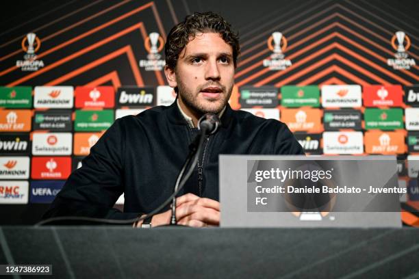 Manuel Locatelli of Juventus during a press conference ahead of their UEFA Europa League knockout round play-off leg two match against FC Nantes at...