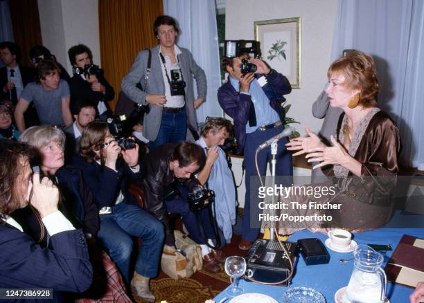 American stage, film and television actress Shirley Maclaine meeting the press to promote her appearances at the Apollo Theatre, Victoria, in London...