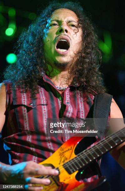 Kirk Hammett of Metallica performs during the" Summer Sanitarium" tour at 3Com Park on August 10, 2003 in San Francisco, California.