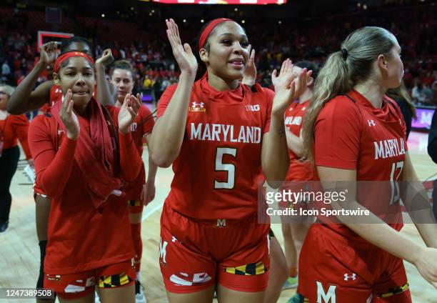 Maryland players celebrate their lopsided victory after a women's Big10 basketball game between the Maryland Terrapins and the Iowa Hawkeyes on...