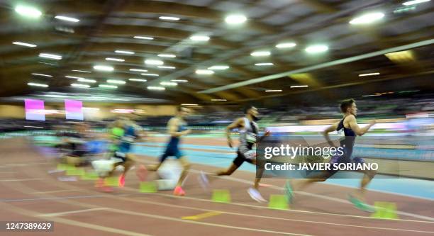 Athletes compete in the World Indoor Tour Madrid 2023 men's 800 m indoor final, as part of the World Athletics Indoor Tour, at Gallur athletics track...