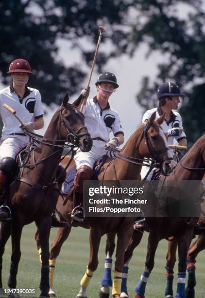 British cavalry officer Major James Hewitt playing in the Gulf Trust polo match at the Royal Berkshire Polo Club on 16th July 1991.