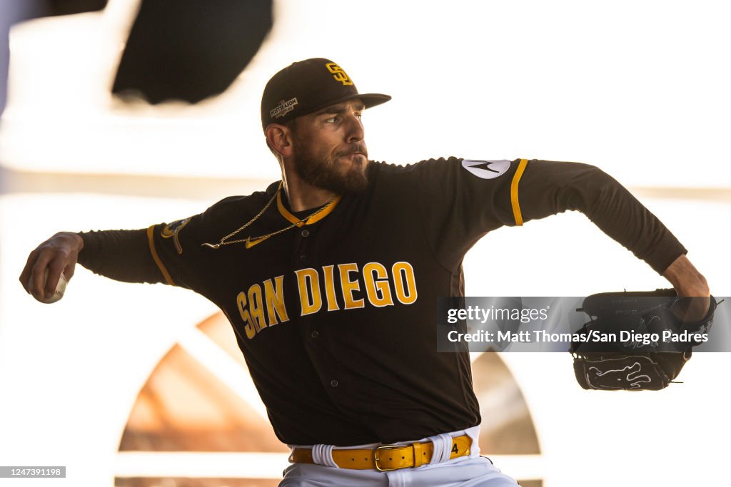 Padres Java Joe Joe Musgrove of the San Diego Padres throws a bullpen session during ...