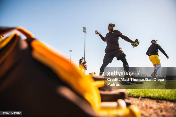 Xander Bogaerts of the San Diego Padres throws during workouts at the Peoria Sports Complex on February 16, 2023 in Peoria, Arizona.