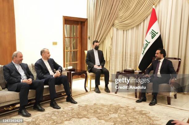 Irainian Foreign Minister Hossein Amir-Abdollahian meets with Iraqi Parliament Speaker Mohammed al-Halbousi in Baghdad, Iraq on February 22, 2023.