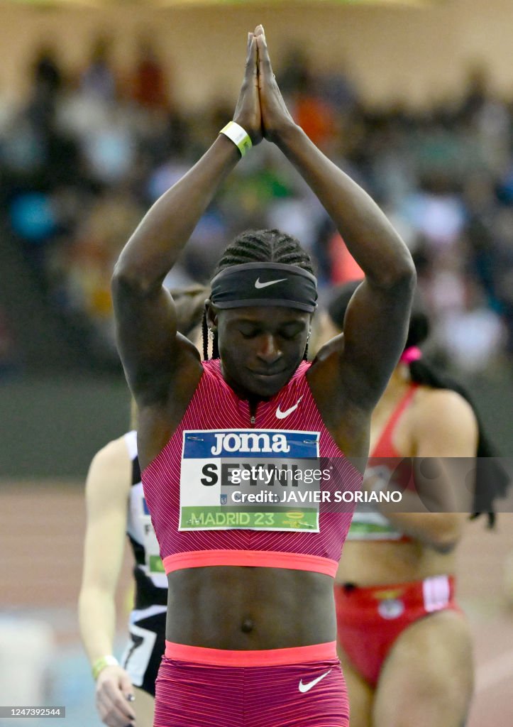 Nigerian athlete Aminatou Seyni celebrates winning the World Indoor