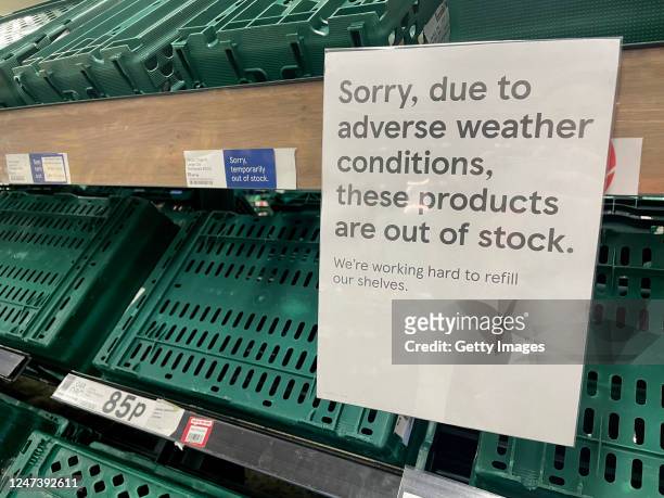 Empty shelves are seen in the fruit and vegetable aisles of a Tesco supermarket on February 22, 2023 in Burgess Hill, United Kingdom. Supermarkets...