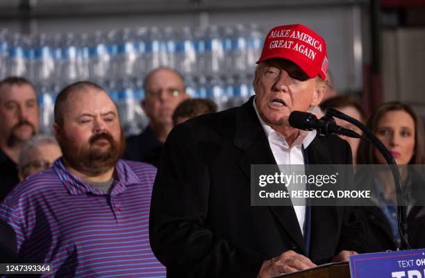 East Palestine Mayor Trent Conaway listens to former US President Donald Trump speak at the East Palestine Fire Department in East Palestine, Ohio,...