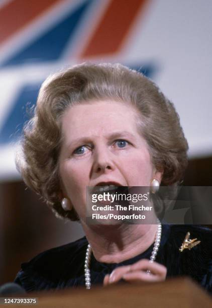 British Prime Minister Margaret Thatcher speaking during the Scottish Conservative Party Conference in Perth, Scotland, circa 1984.