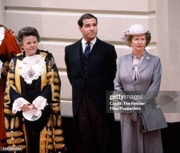 British Prime Minister Margaret Thatcher with Dame Mary Donaldson , Mayor of London, and Leon Brittan , Home Secretary, at Victoria Station in London...