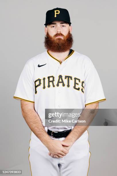 Colin Selby of the Pittsburgh Pirates poses for a photo during the Pittsburgh Pirates Photo Day at LECOM Park on Wednesday, February 22, 2023 in...