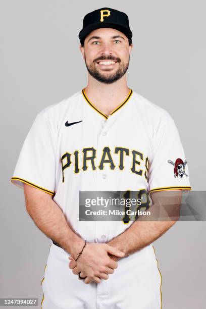 Austin Hedges of the Pittsburgh Pirates poses for a photo during the Pittsburgh Pirates Photo Day at LECOM Park on Wednesday, February 22, 2023 in...