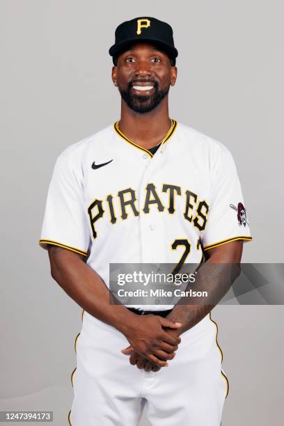 Andrew McCutchen of the Pittsburgh Pirates poses for a photo during the Pittsburgh Pirates Photo Day at LECOM Park on Wednesday, February 22, 2023 in...