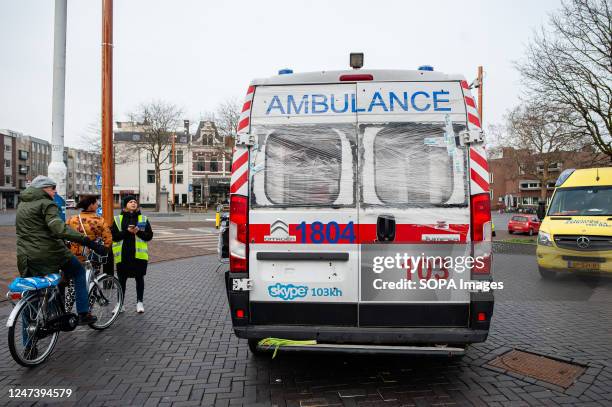 View of the backside of the ambulance also destroyed because of the war. The Tour De Ambulance is a traveling exhibition featuring an ambulance that...